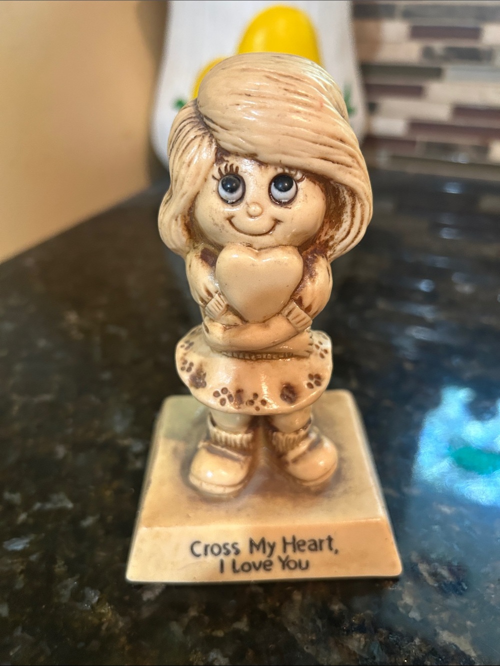 vintage Cute Heart-Holding Girl Figurine "Cross My Heart, I Love You" - Beige
